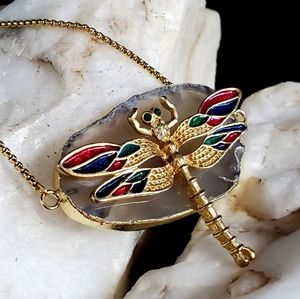 Necklace Agate Pendant Necklace Chain Golden Dragonfly Jewelry